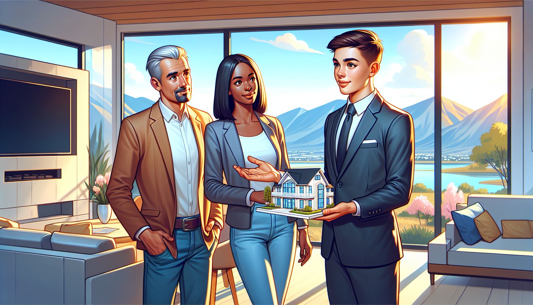 Create an image of a young real estate agent, Nolan Grout, confidently presenting a beautiful property to a couple, who seem impressed and engaged in the discussion. Show them standing in an elegant l
