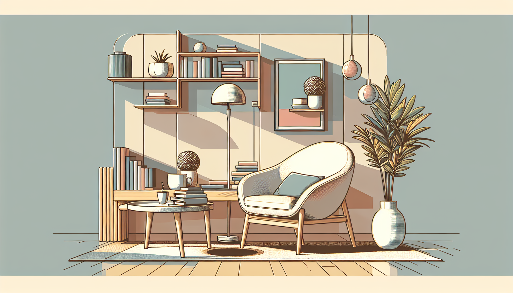 Create an image of a serene and clutter-free living room, decorated in minimalist style with clean lines, neutral colors, and a few carefully chosen decor items. Show a cozy reading nook with a simple